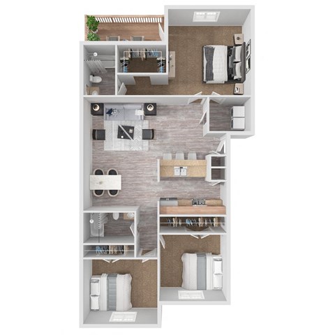 A floor plan of a house with a living room, kitchen, dining room, and bedrooms.